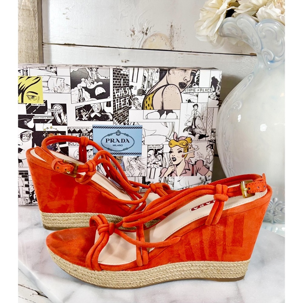 Prada Orange Suede Strappy Wedge Sandals